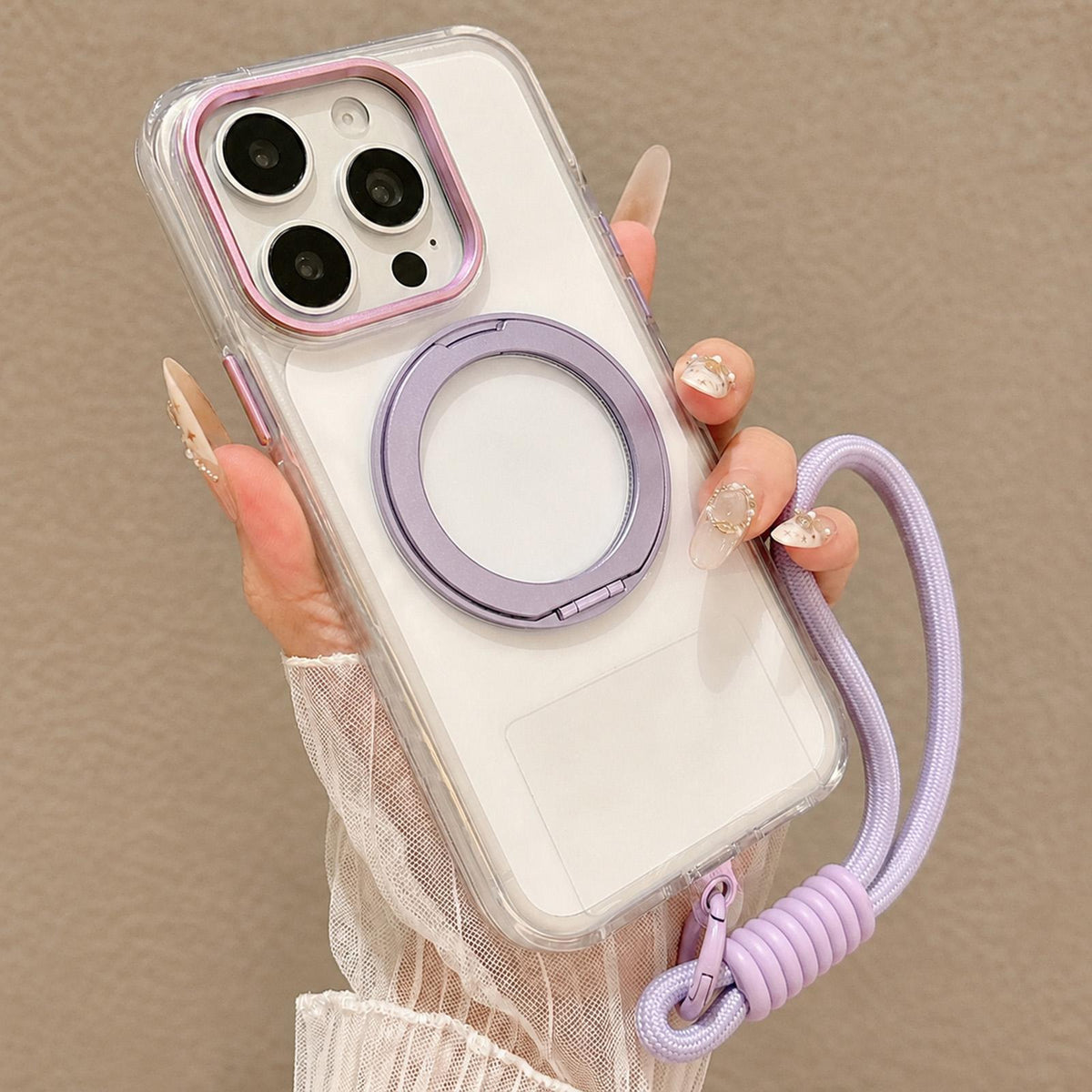 For iPhone 14 Pro Airbag Shockproof Magnetic Rotating Holder Phone Case with Wrist Strap - Purple - EDA009984707D