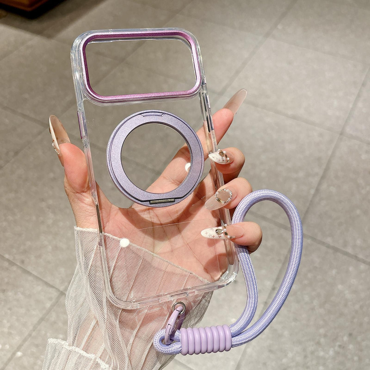 For iPhone 14 Pro Airbag Shockproof Magnetic Rotating Holder Phone Case with Wrist Strap - Purple - EDA009984707D