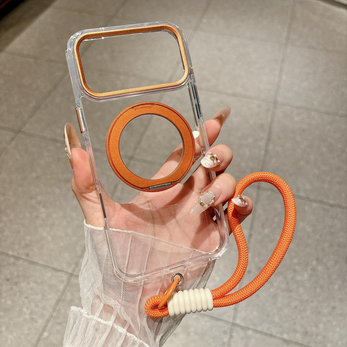 For iPhone 14 Pro Airbag Shockproof Magnetic Rotating Holder Phone Case with Wrist Strap - Orange - EDA009984707F