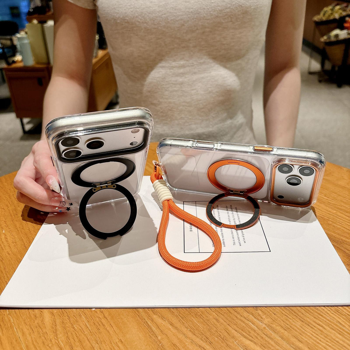 For iPhone 14 Pro Airbag Shockproof Magnetic Rotating Holder Phone Case with Wrist Strap - Silver - EDA009984707A