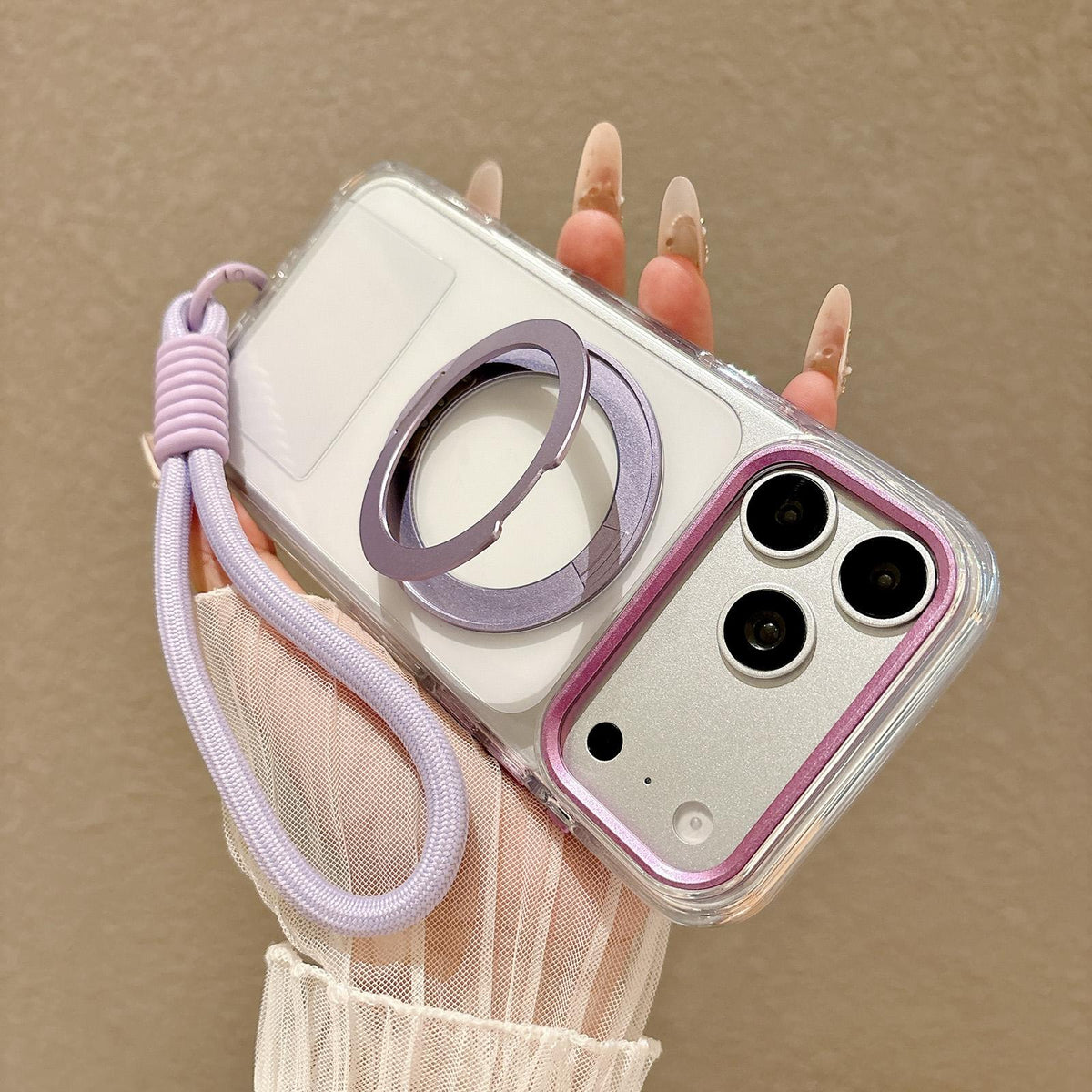 For iPhone 14 Pro Airbag Shockproof Magnetic Rotating Holder Phone Case with Wrist Strap - Silver - EDA009984707A