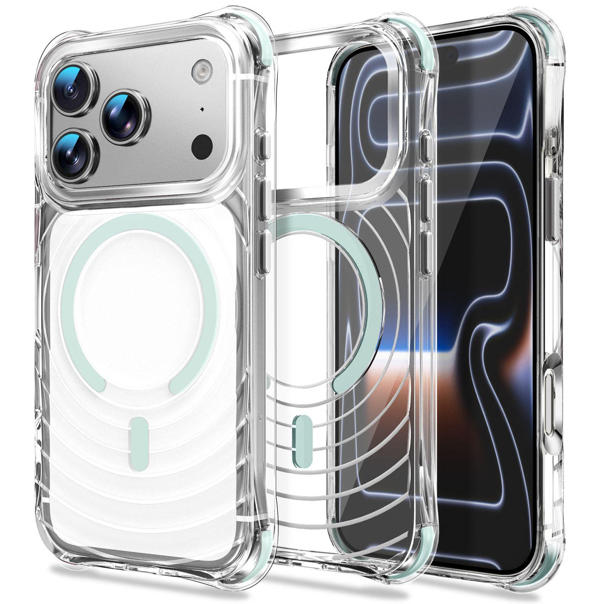 For iPhone 17 Pro Wave Pattern Air Cushion Corners Shockproof Magnetic Phone Case - Mint Green - EDA009985102C