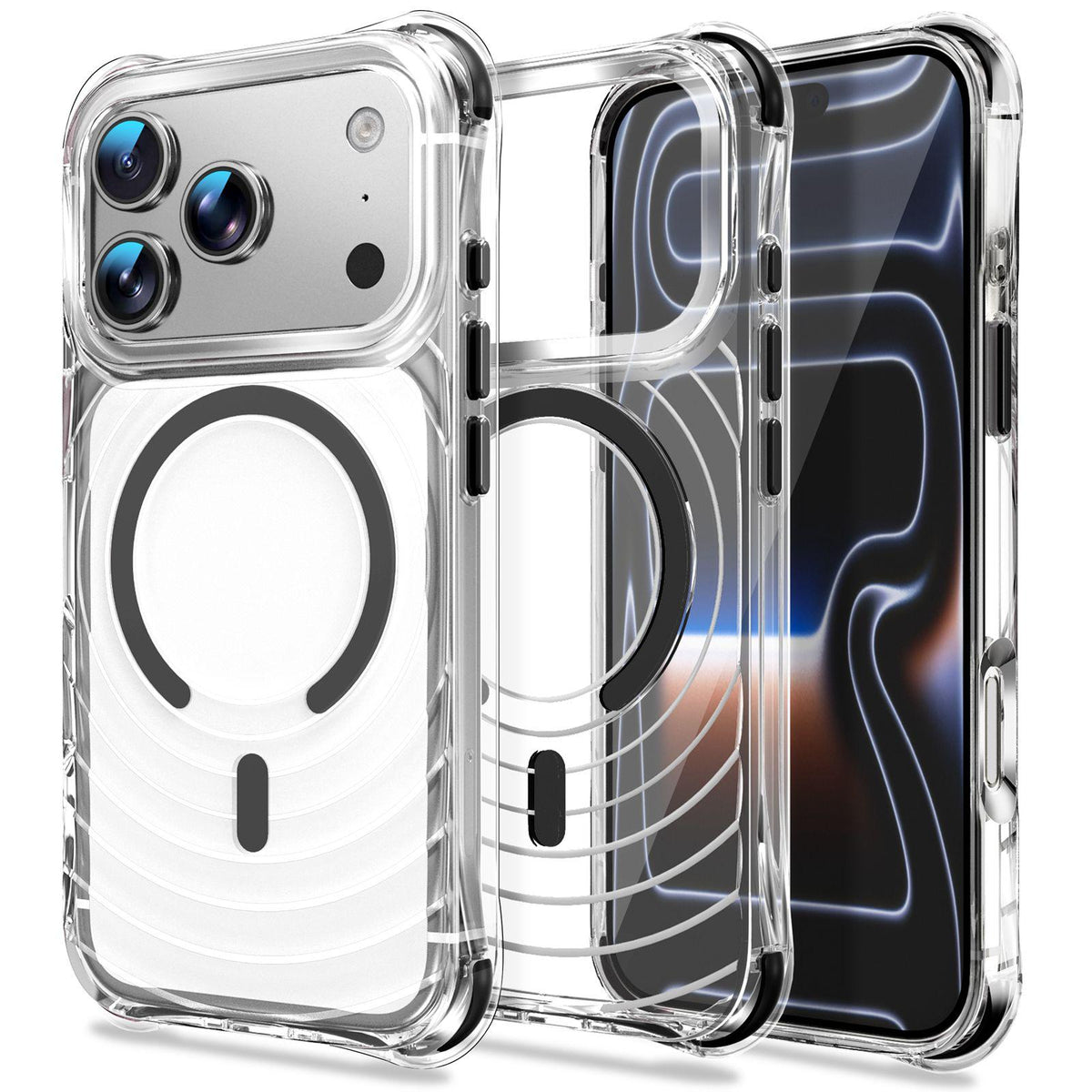 For iPhone 17 Pro Wave Pattern Air Cushion Corners Shockproof Magnetic Phone Case - Black - EDA009985102D