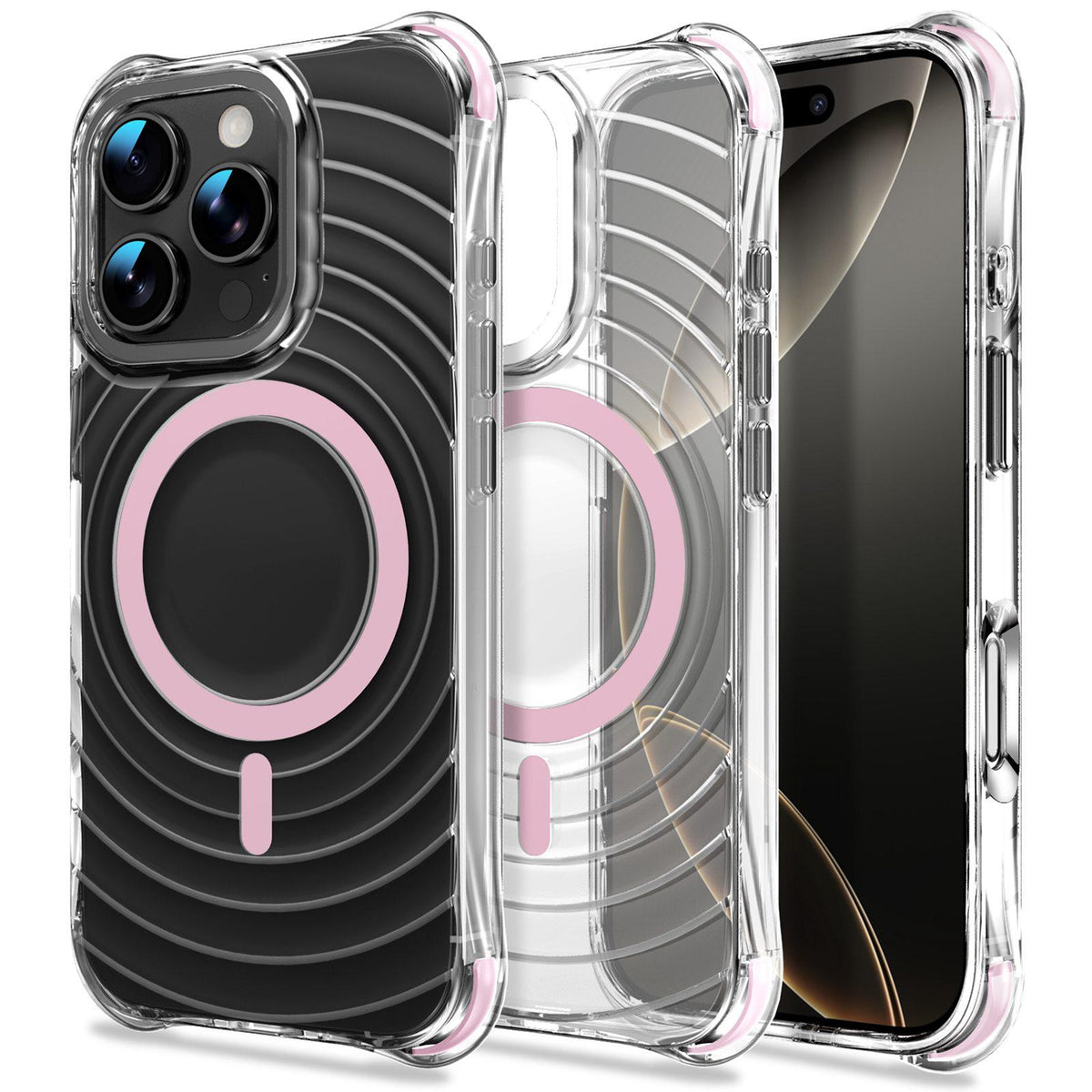 For iPhone 16 Pro Wave Pattern Air Cushion Corners Shockproof Magnetic Phone Case - Pink - EDA009985105A
