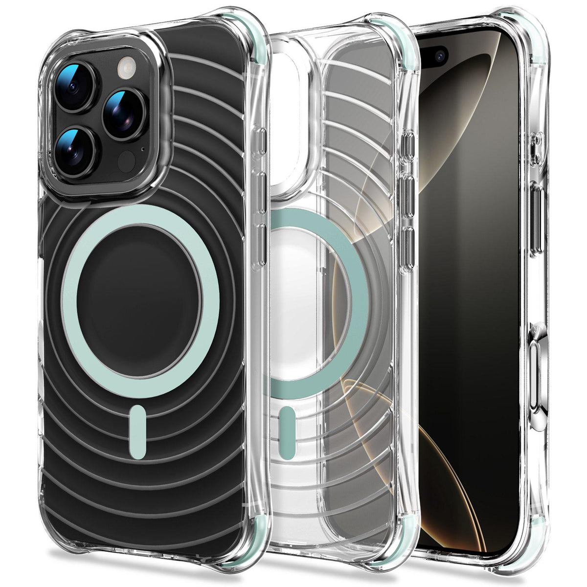 For iPhone 16 Pro Wave Pattern Air Cushion Corners Shockproof Magnetic Phone Case - Mint Green - EDA009985105C