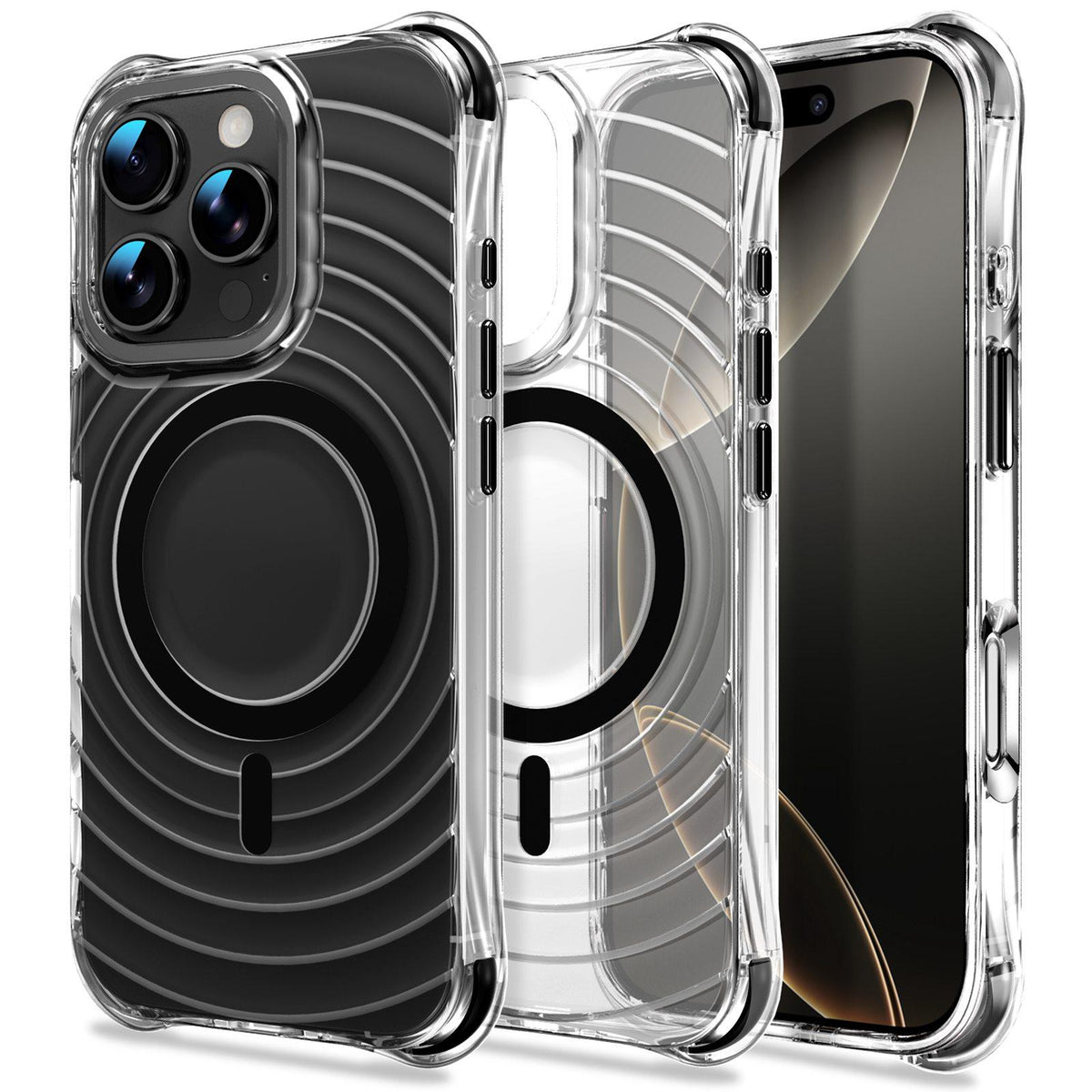 For iPhone 16 Pro Wave Pattern Air Cushion Corners Shockproof Magnetic Phone Case - Black - EDA009985105D