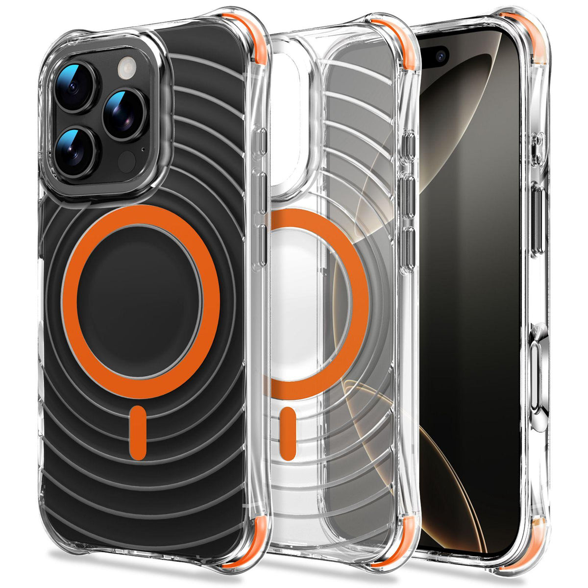 For iPhone 16 Pro Wave Pattern Air Cushion Corners Shockproof Magnetic Phone Case - Orange - EDA009985105H