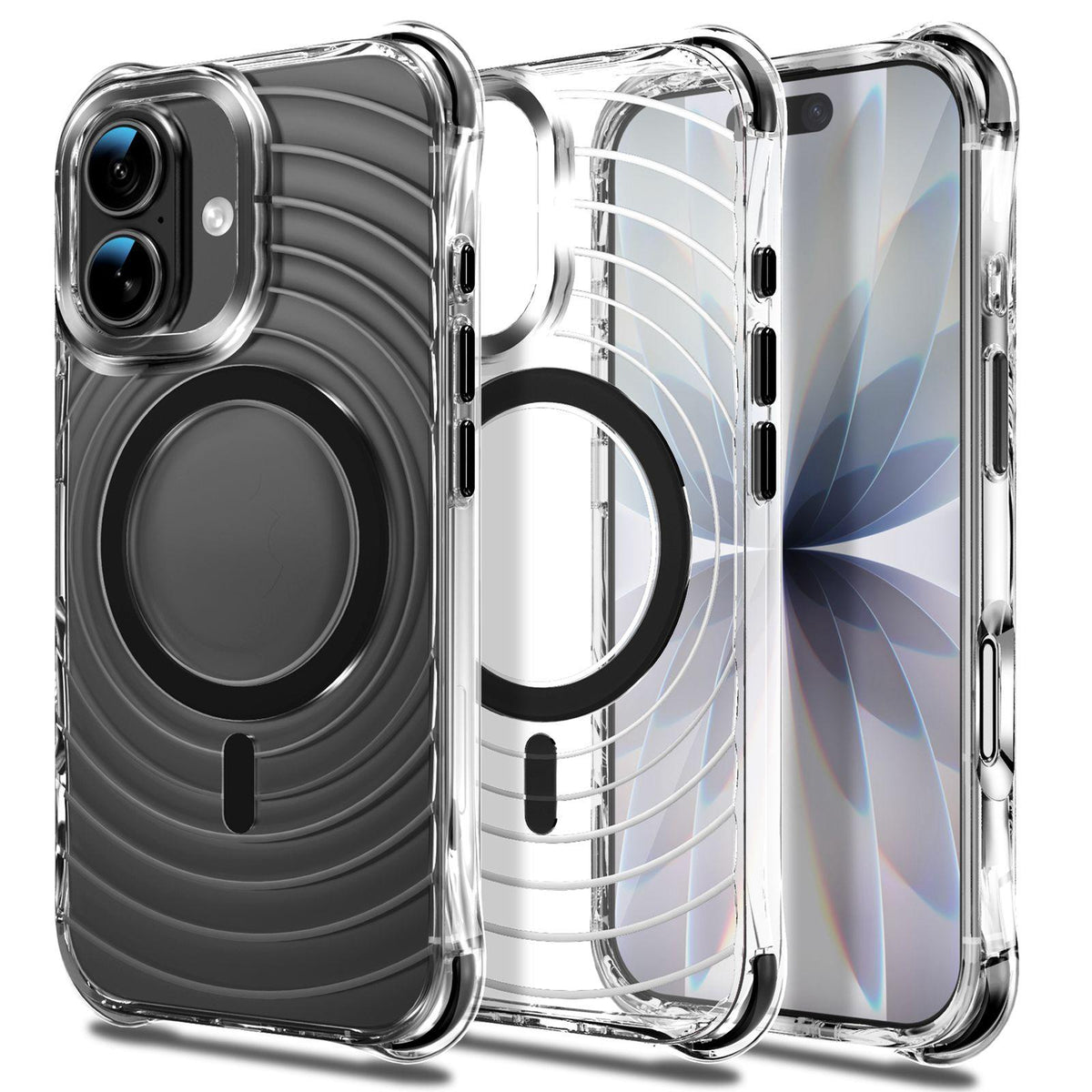 For iPhone 16 Wave Pattern Air Cushion Corners Shockproof Magnetic Phone Case - Black - EDA009985107D