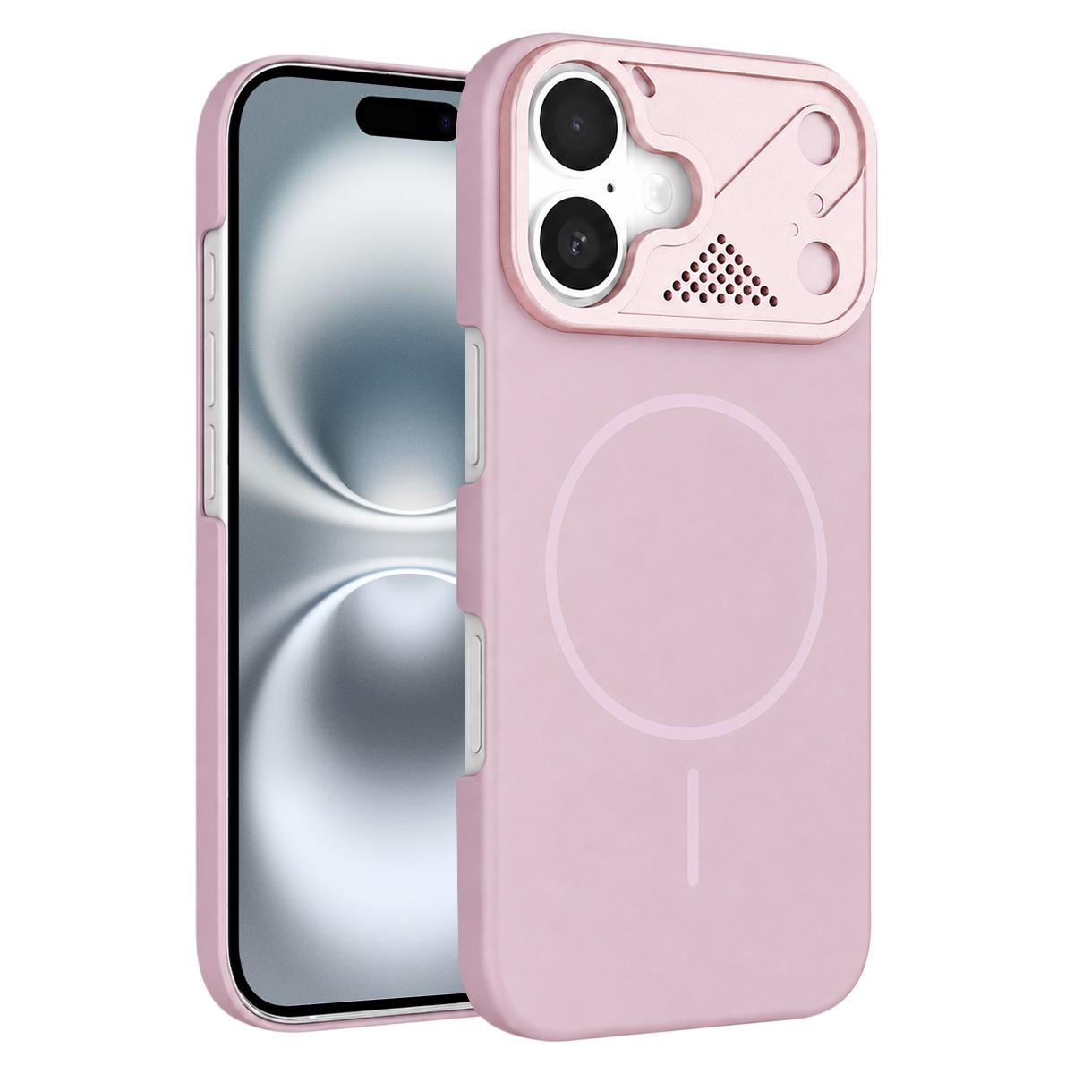 For iPhone 16 Ultra-thin Gold Armor PC Magnetic Phone Case - Sakura Pink - EDA009985705H