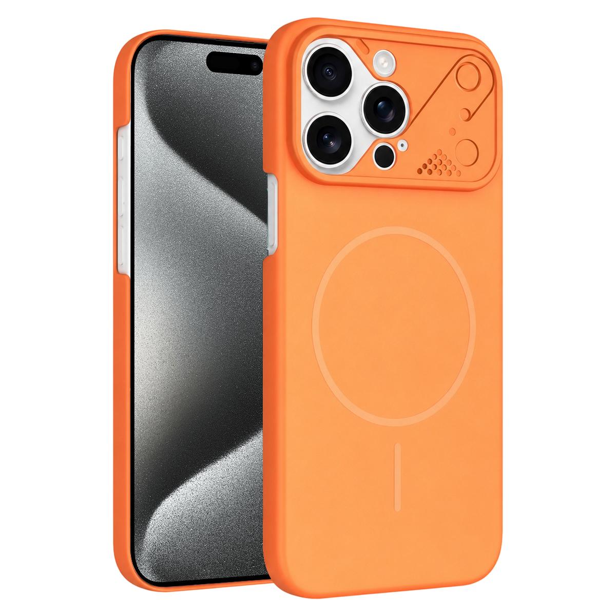 For iPhone 15 Pro Max Ultra-thin Gold Armor PC Magnetic Phone Case - Orange - EDA009985706B
