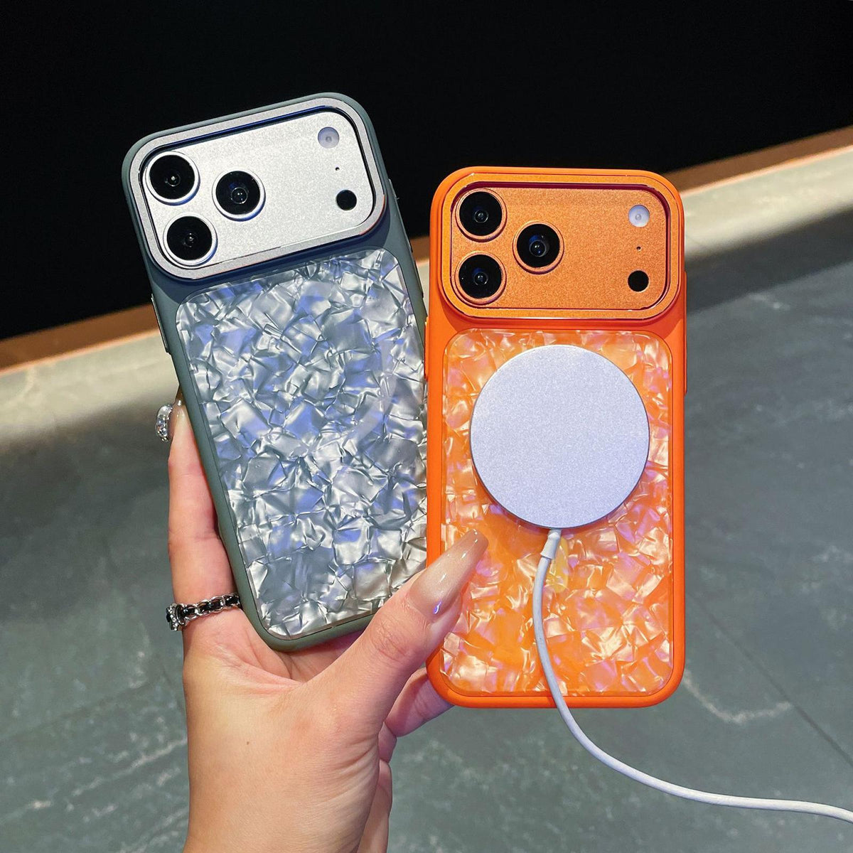 For iPhone 13 Pro Iridescent Solid Color Shell Patterned Magnetic Phone Case - Pink - EDA009987114E