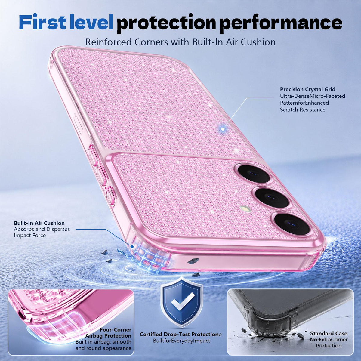 For Galaxy S25 5G / S24 5G Sparkling Diamond Glitter Airbag Phone Case - Pink - EDA009987206C