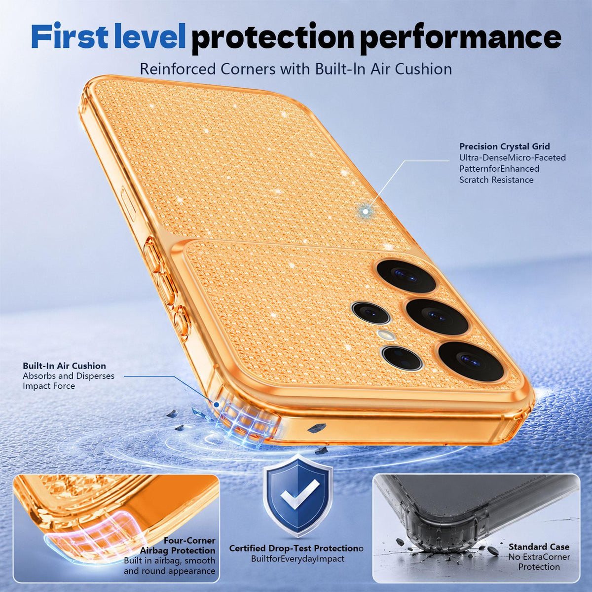 For Galaxy S24 Ultra 5G Sparkling Diamond Glitter Airbag Phone Case - Orange - EDA009987207B