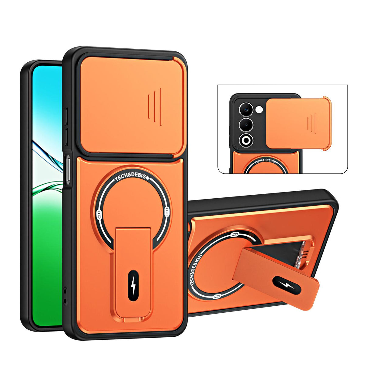 For OPPO A5 5G Global Sliding Camshield Holder Magnetic Phone Case - Orange - EDA009987601A