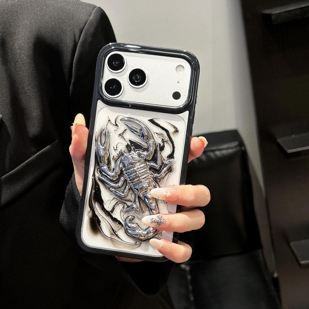 For iPhone 15 Epoxy Resin Diffusion Scorpion Acrylic Phone Case - Dark Ink - EDA009987712B