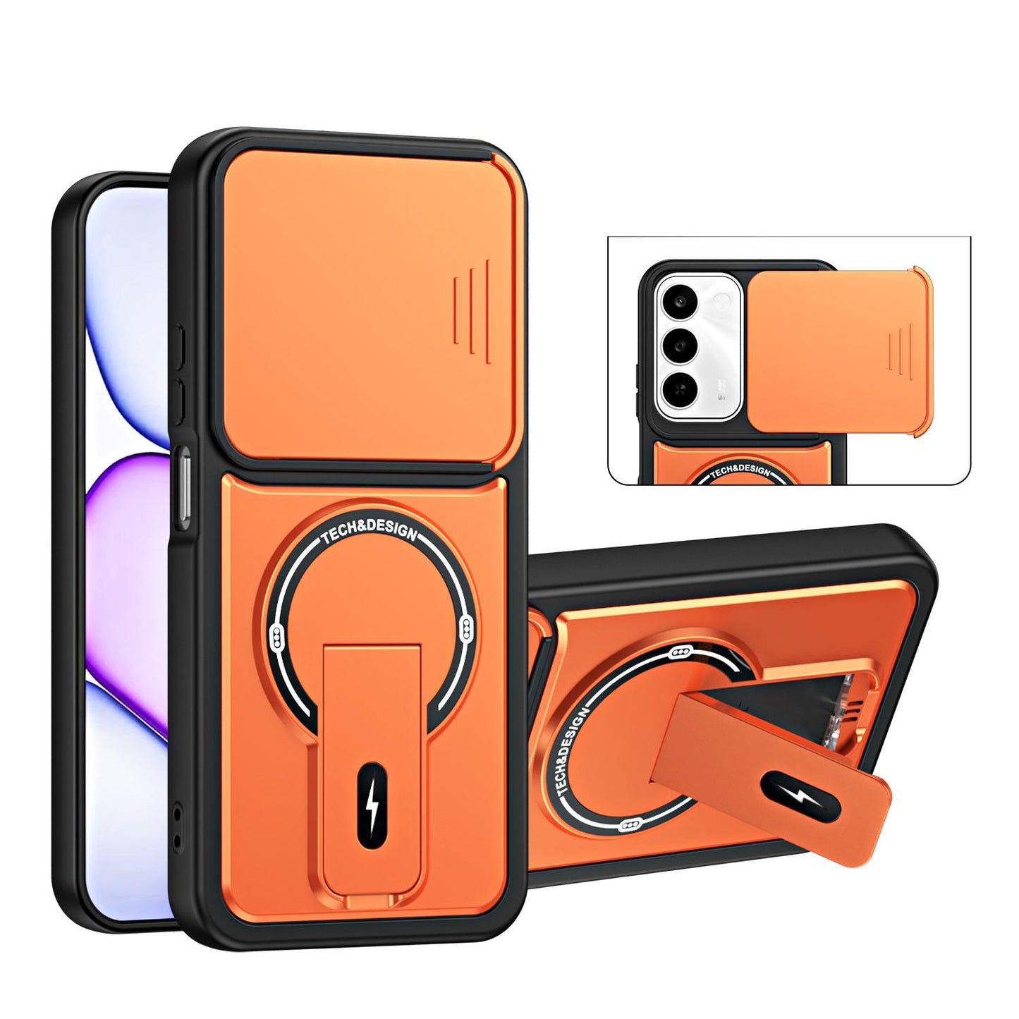 For Realme C100 4G / C100x / C100i Sliding Camshield Holder Magnetic Phone Case(Orange)