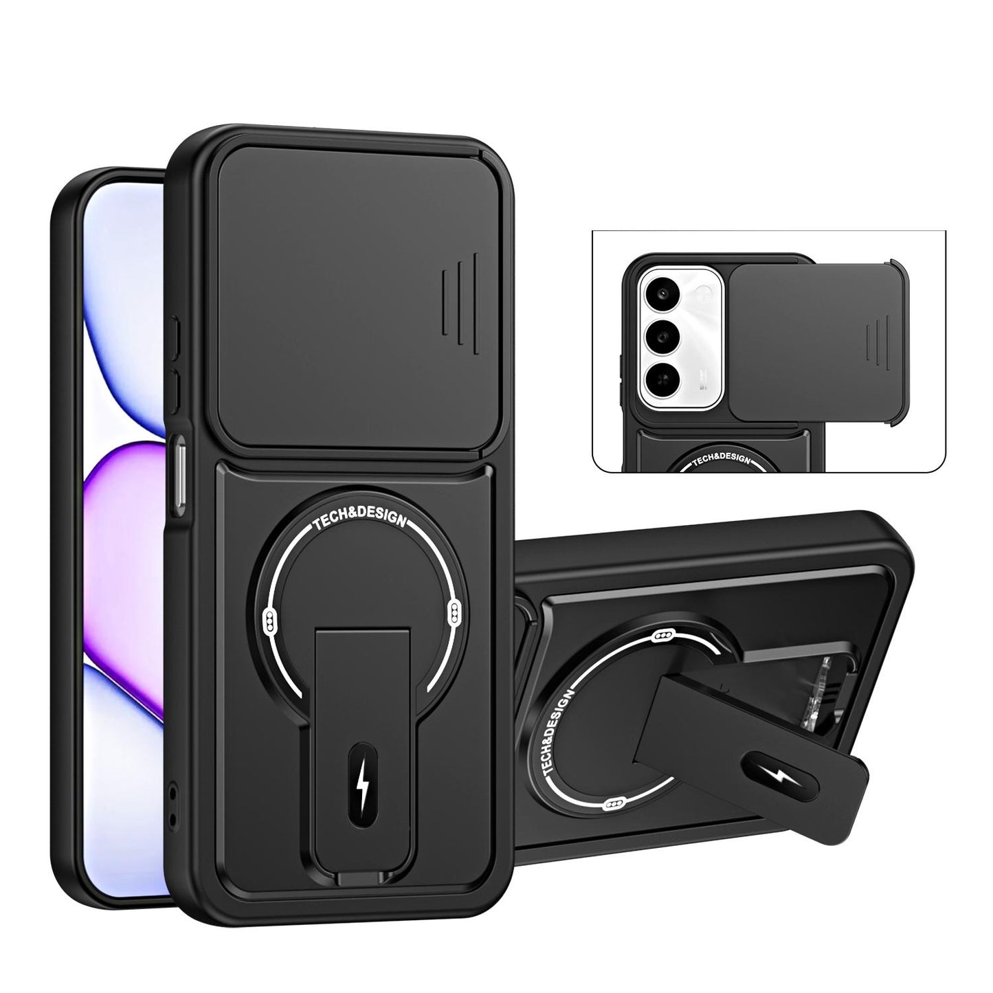 For Realme C100 4G / C100x / C100i Sliding Camshield Holder Magnetic Phone Case(Black)