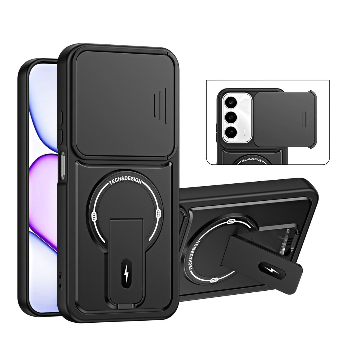 For Realme C100 4G / C100x / C100i Sliding Camshield Holder Magnetic Phone Case - Black - EDA009987808B