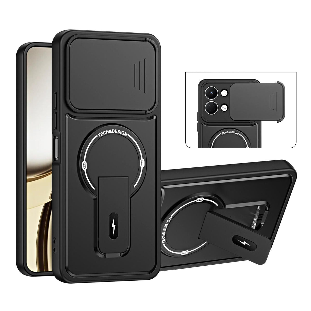 For Tecno Pop 20 / Spark Go 3 Sliding Camshield Holder Magnetic Phone Case - Black - EDA009987911B
