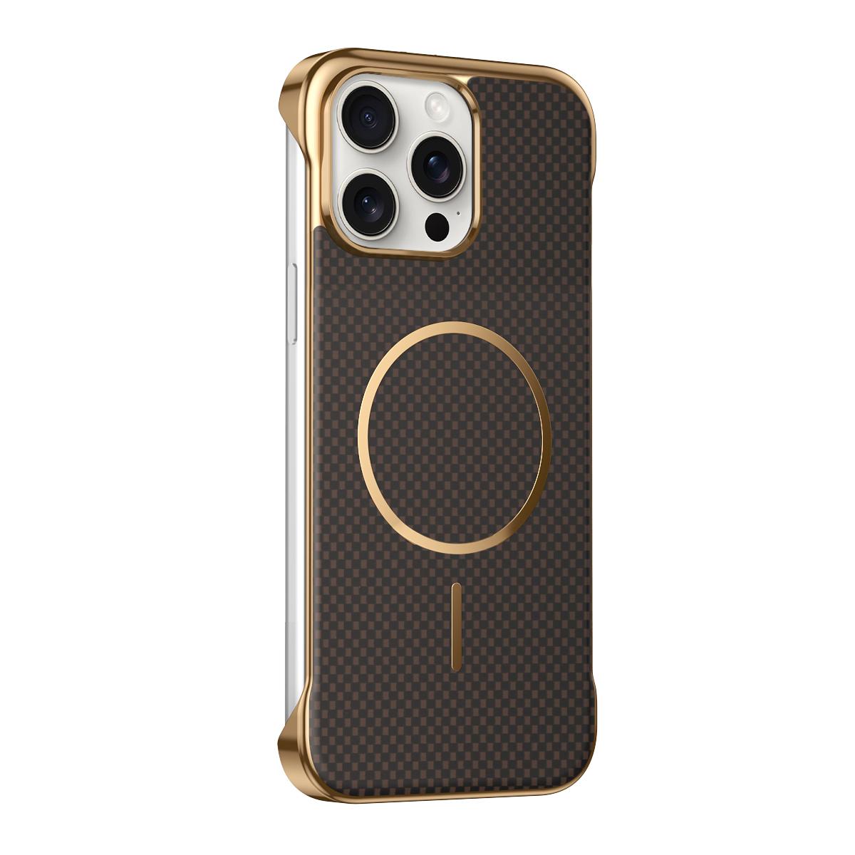 For iPhone 15 Pro Borderless Kevlar Texture Electroplated Magnetic Phone Case - Brown - EDA009988009B