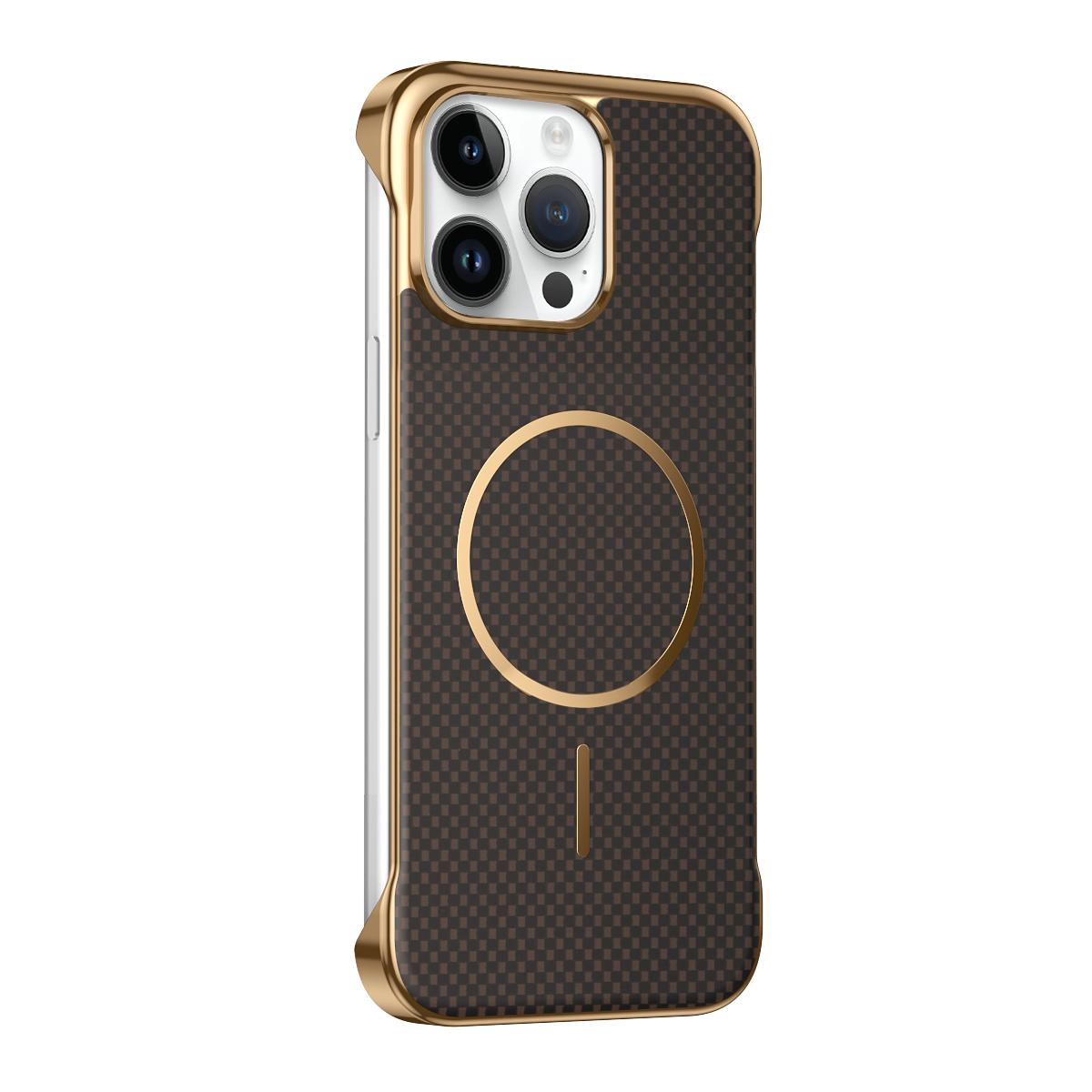 For iPhone 14 Pro Borderless Kevlar Texture Electroplated Magnetic Phone Case - Brown - EDA009988012B