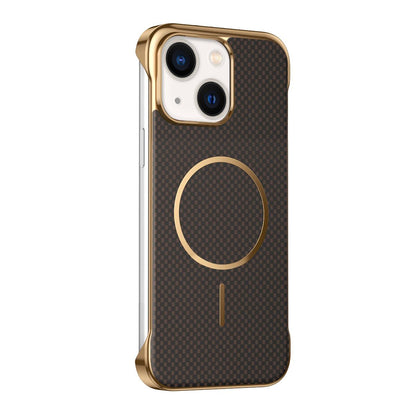 For iPhone 14 Borderless Kevlar Texture Electroplated Magnetic Phone Case - Brown - EDA009988013B