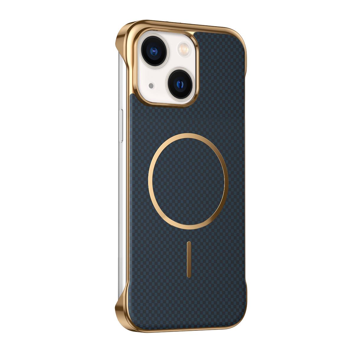 For iPhone 14 Borderless Kevlar Texture Electroplated Magnetic Phone Case - Blue - EDA009988013D