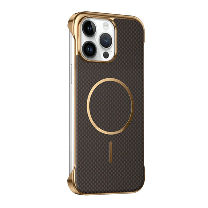 For iPhone 13 Pro Max Borderless Kevlar Texture Electroplated Magnetic Phone Case - Brown - EDA009988014B