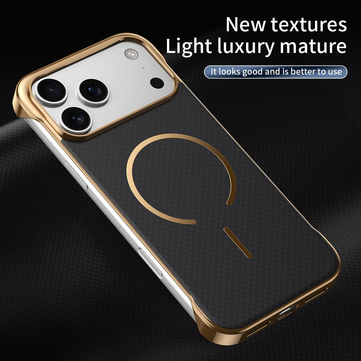 For iPhone 14 Pro Max Borderless Kevlar Texture Electroplated Magnetic Phone Case - Brown - EDA009988011B
