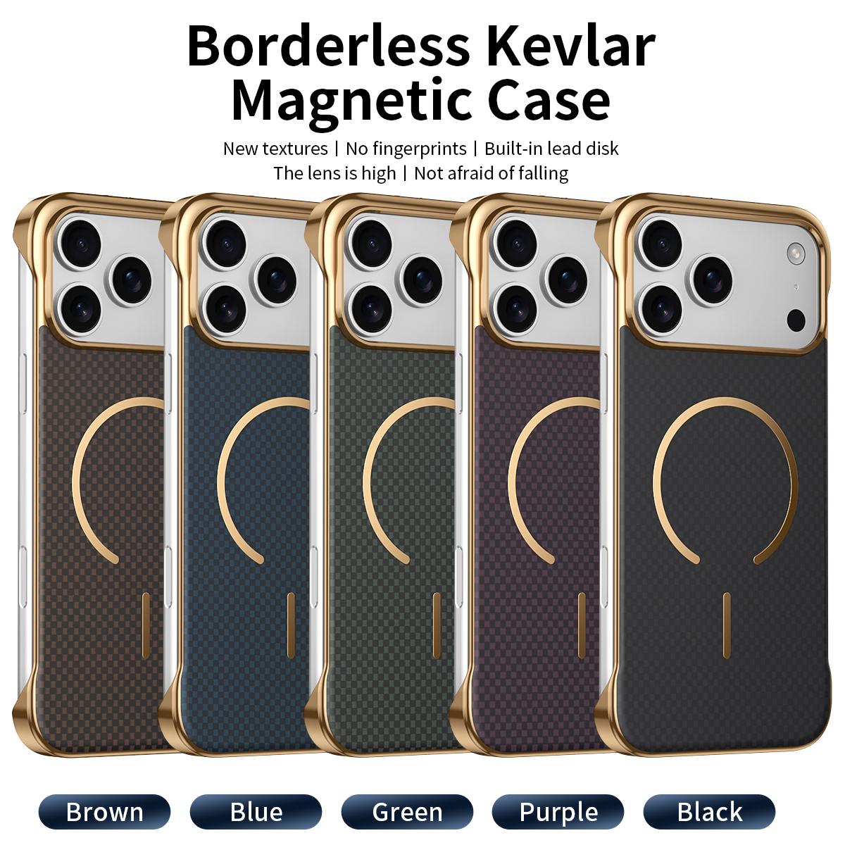 For iPhone 14 Pro Max Borderless Kevlar Texture Electroplated Magnetic Phone Case - Brown - EDA009988011B