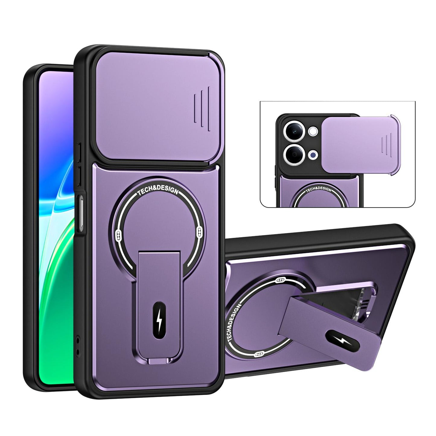 For vivo Y05 / Y21 5G Sliding Camshield Holder Magnetic Phone Case(Purple)