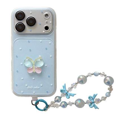 For iPhone 17 Pro Dots Pattern 3D Butterfly Decor Phone Case with Bracelet - Blue - EDA009988202A