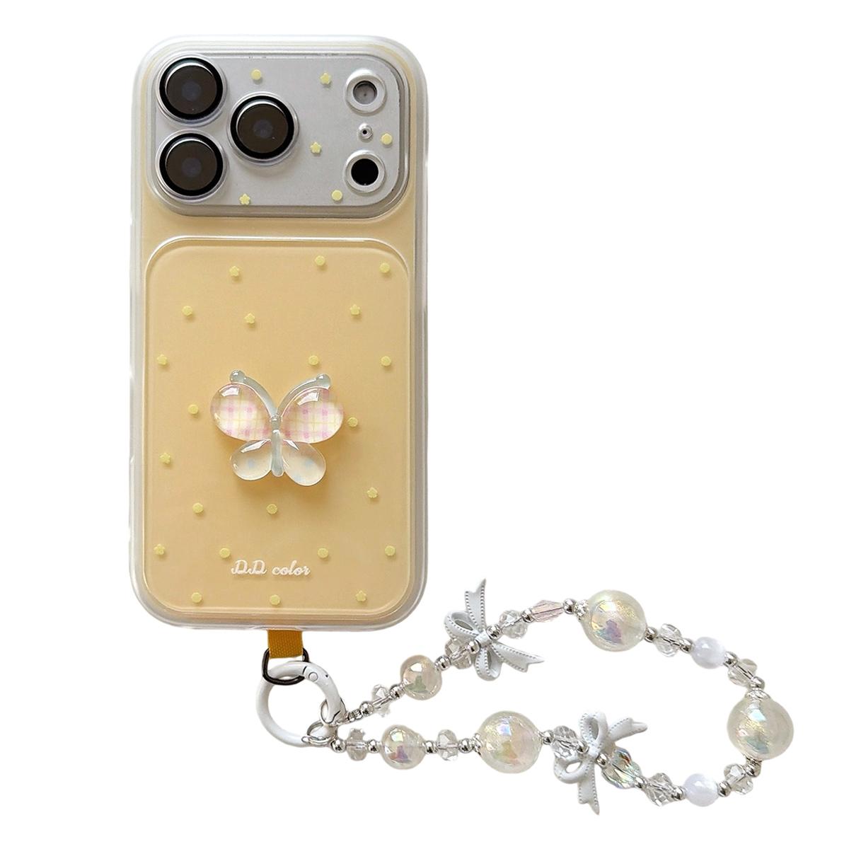 For iPhone 17 Pro Dots Pattern 3D Butterfly Decor Phone Case with Bracelet - Yellow - EDA009988202B