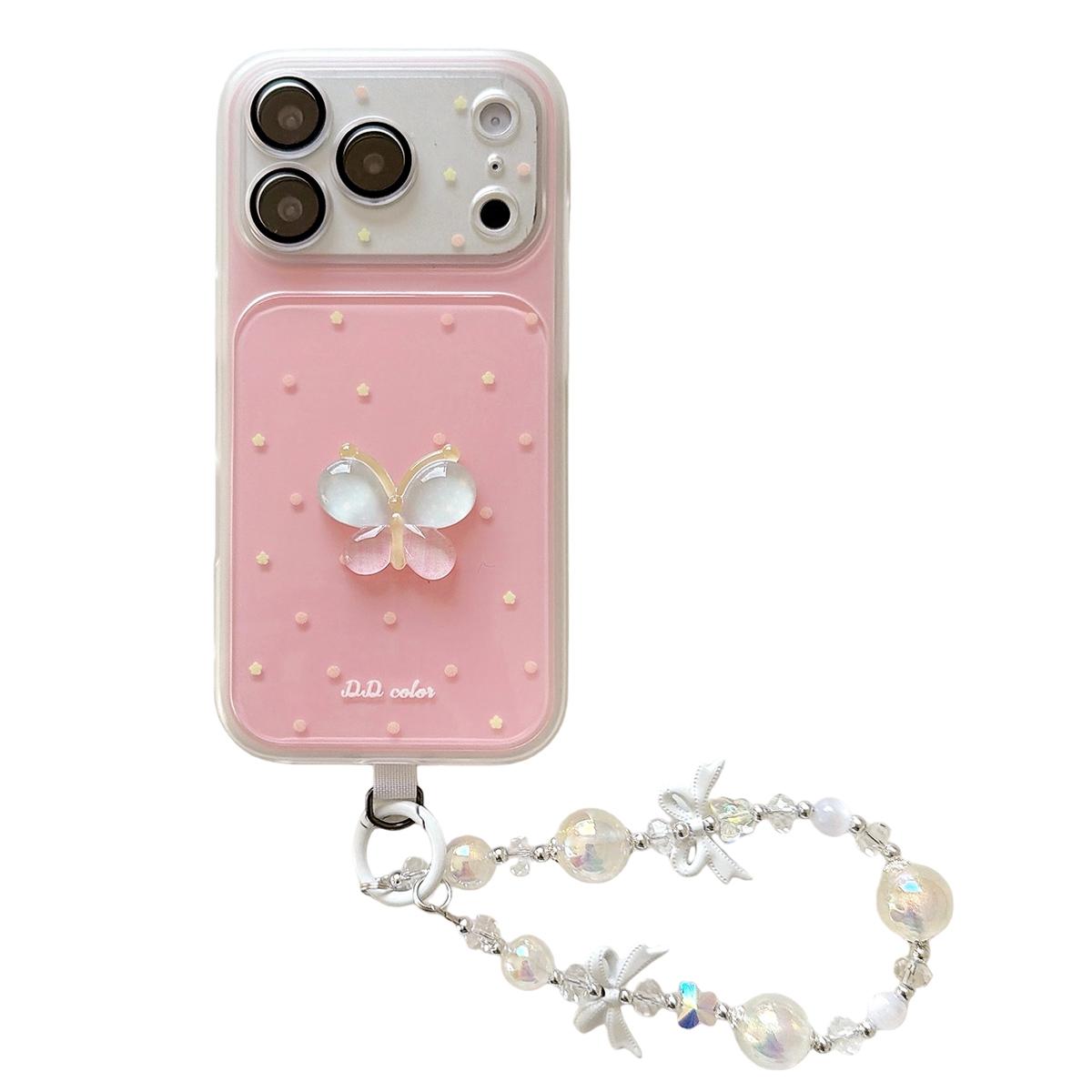 For iPhone 17 Pro Dots Pattern 3D Butterfly Decor Phone Case with Bracelet - Pink - EDA009988202C