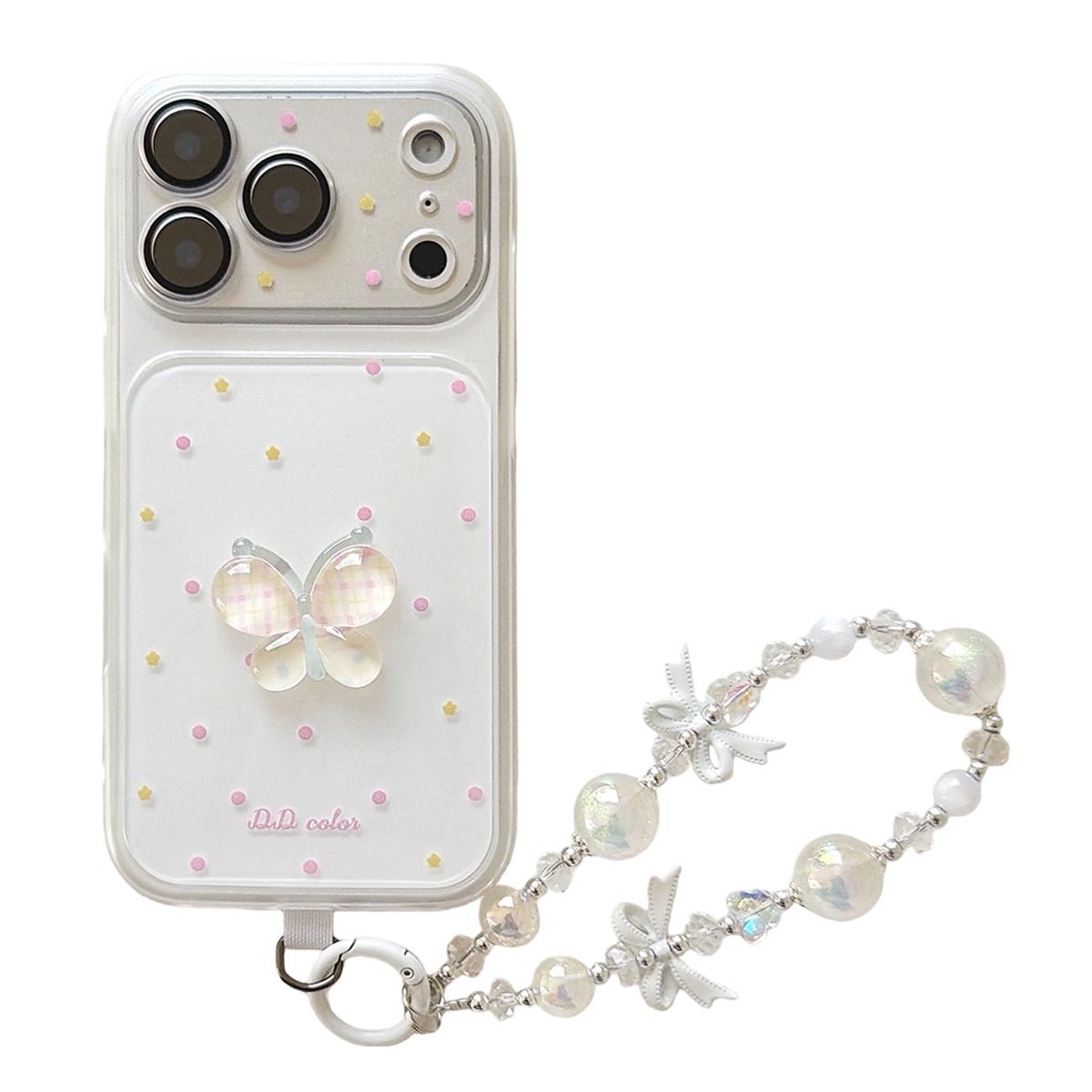 For iPhone 17 Pro Dots Pattern 3D Butterfly Decor Phone Case with Bracelet - White - EDA009988202D