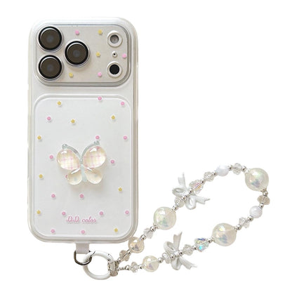 For iPhone 17 Pro Dots Pattern 3D Butterfly Decor Phone Case with Bracelet - White - EDA009988202D