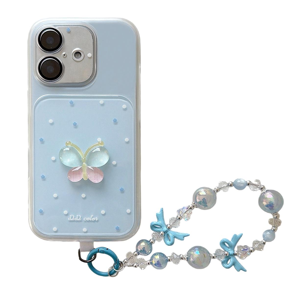 For iPhone 17 Dots Pattern 3D Butterfly Decor Phone Case with Bracelet - Blue - EDA009988203A
