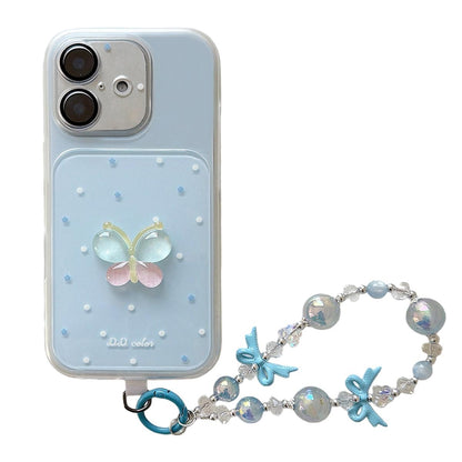 For iPhone 17 Dots Pattern 3D Butterfly Decor Phone Case with Bracelet - Blue - EDA009988203A