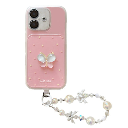 For iPhone 17 Dots Pattern 3D Butterfly Decor Phone Case with Bracelet - Pink - EDA009988203C