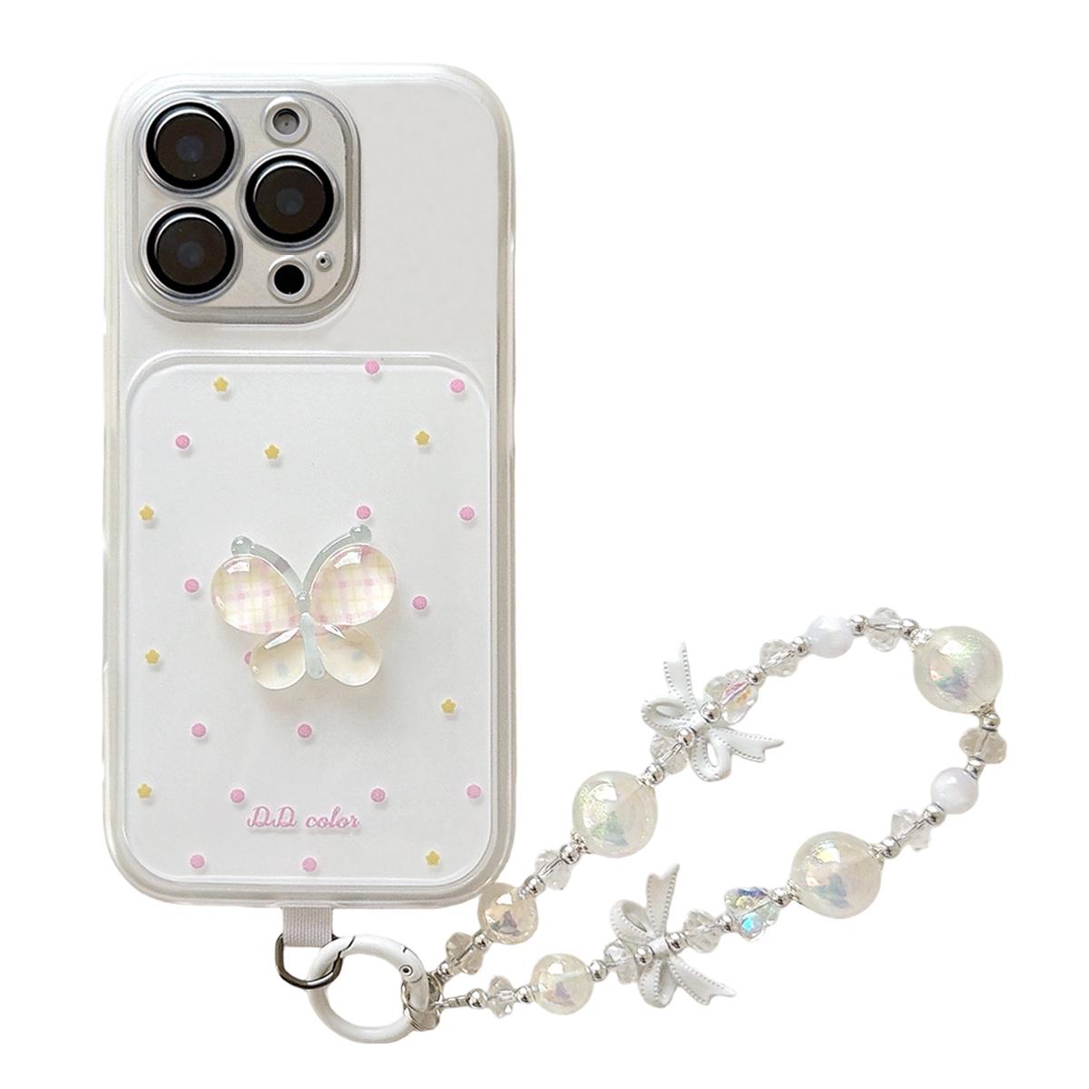 For iPhone 16 Pro Max Dots Pattern 3D Butterfly Decor Phone Case with Bracelet - White - EDA009988204D