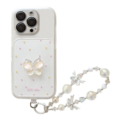 For iPhone 16 Pro Max Dots Pattern 3D Butterfly Decor Phone Case with Bracelet - White - EDA009988204D