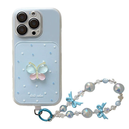 For iPhone 16 Pro Dots Pattern 3D Butterfly Decor Phone Case with Bracelet - Blue - EDA009988205A