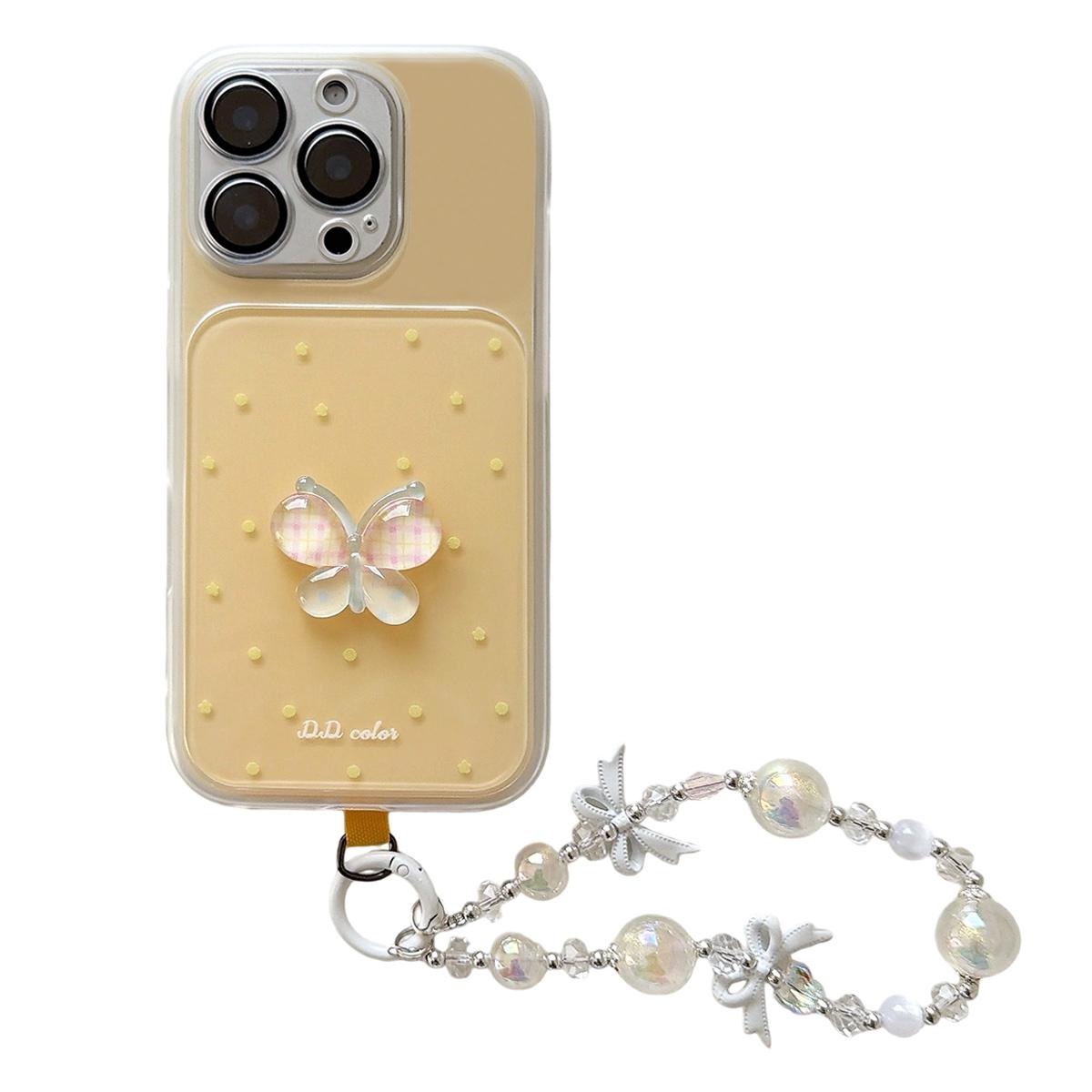 For iPhone 16 Pro Dots Pattern 3D Butterfly Decor Phone Case with Bracelet - Yellow - EDA009988205B