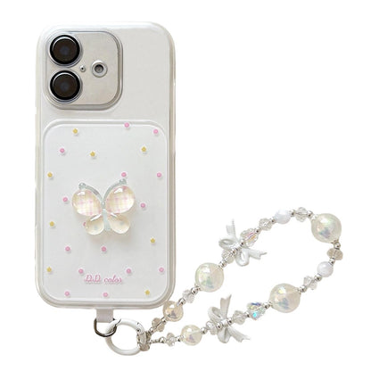For iPhone 16 Dots Pattern 3D Butterfly Decor Phone Case with Bracelet - White - EDA009988206D