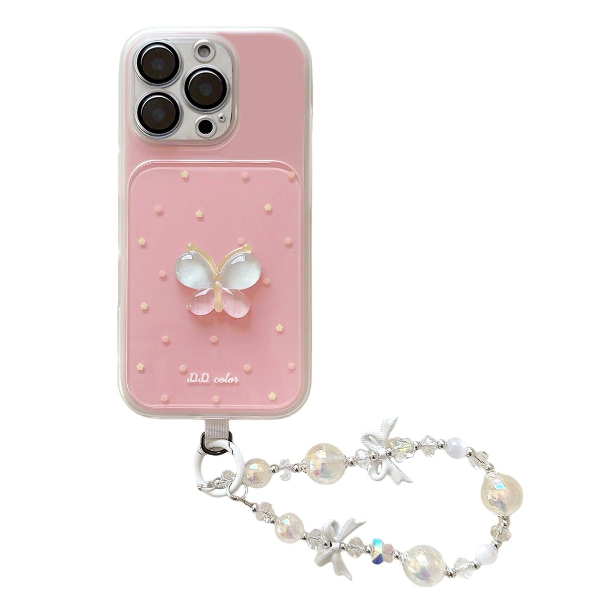 For iPhone 15 Pro Max Dots Pattern 3D Butterfly Decor Phone Case with Bracelet - Pink - EDA009988207C