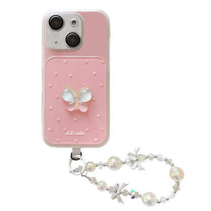 For iPhone 15 Dots Pattern 3D Butterfly Decor Phone Case with Bracelet - Pink - EDA009988209C