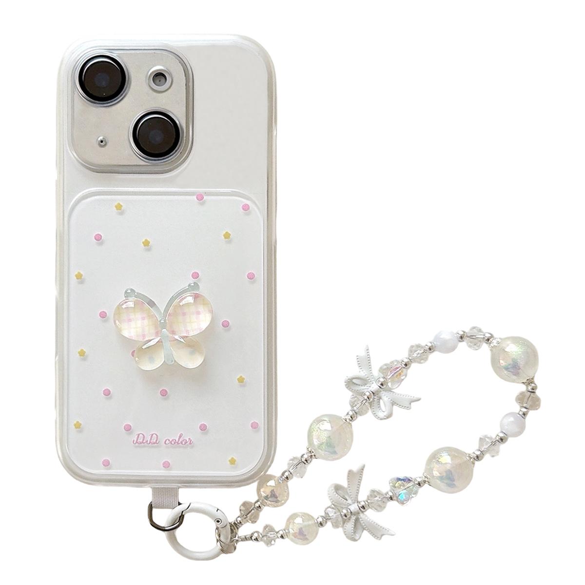For iPhone 15 Dots Pattern 3D Butterfly Decor Phone Case with Bracelet - White - EDA009988209D