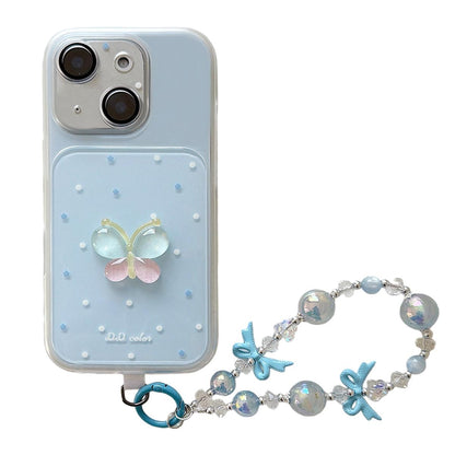 For iPhone 14 Dots Pattern 3D Butterfly Decor Phone Case with Bracelet - Blue - EDA009988210A