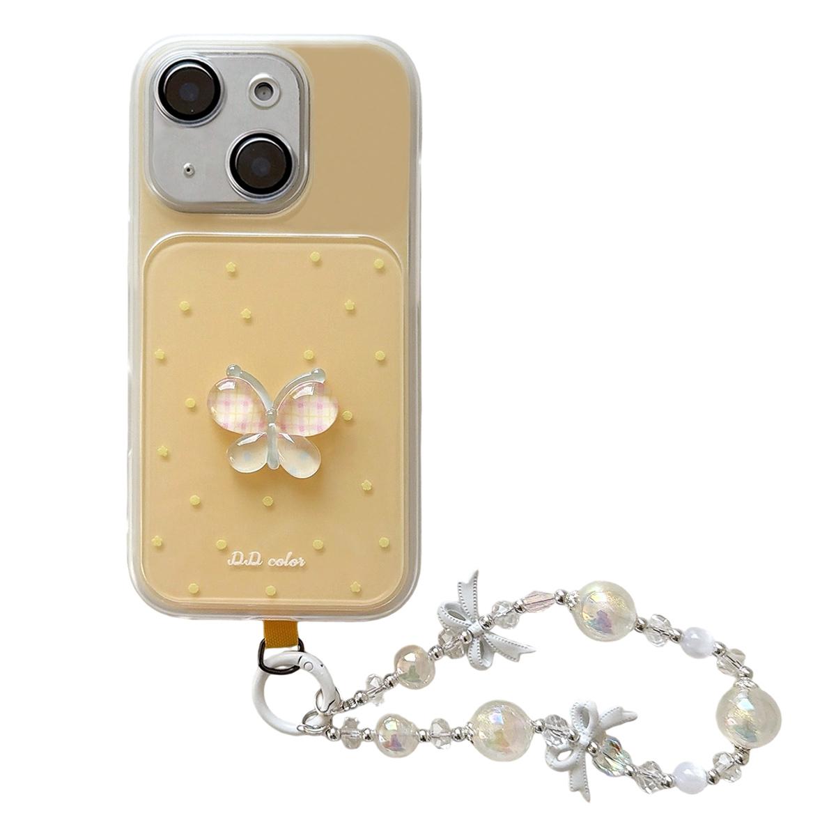 For iPhone 14 Dots Pattern 3D Butterfly Decor Phone Case with Bracelet - Yellow - EDA009988210B