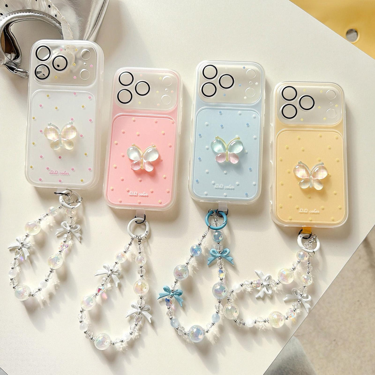 For iPhone 14 Pro Max Dots Pattern 3D Butterfly Decor Phone Case with Bracelet - Pink - EDA009988212C